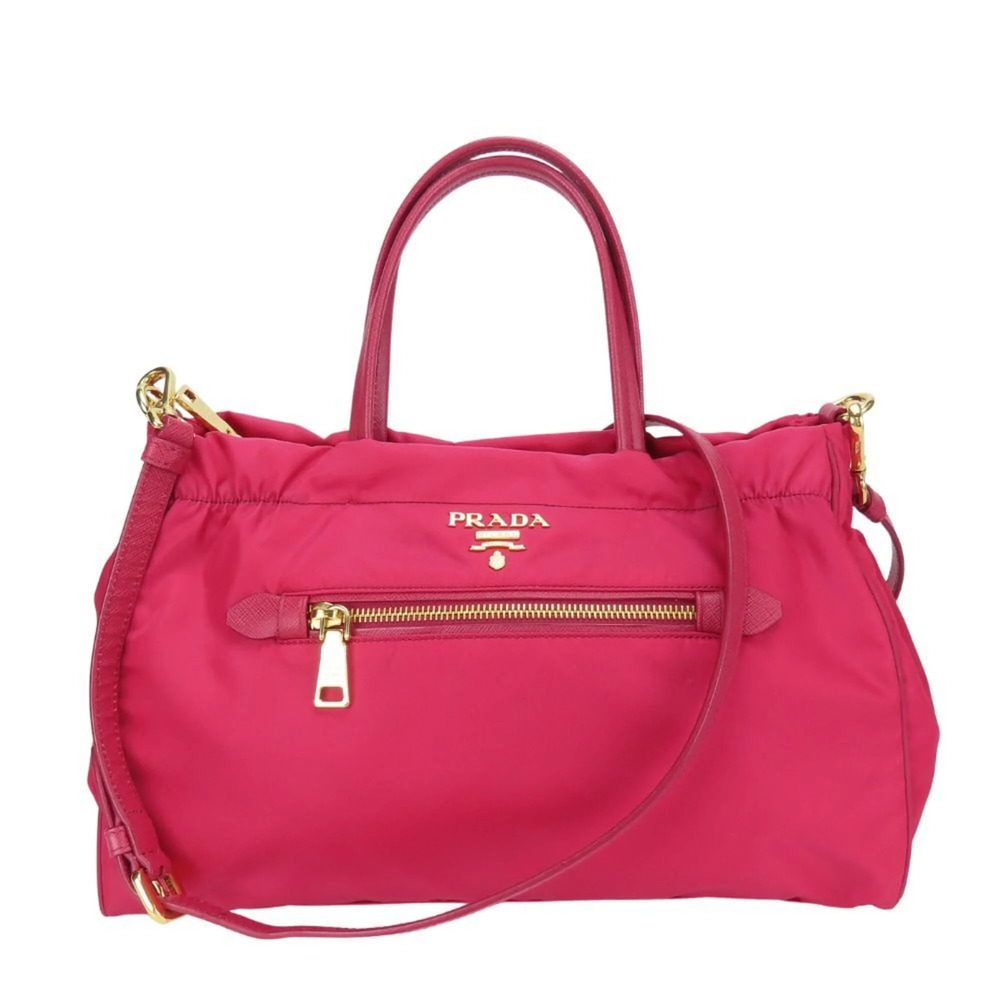 Prada handbag, nylon and leather, shocking pink, gold hardware, crossbody sho...